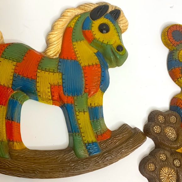 70’s Patchwork Collection | 2 Rocking Horses & 1 Teddy Bear Artwork Wall Hangs - Picture 10 of 13